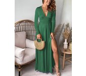 Deep V-neck long sleeved with pleats high waisted slit club party evening dress solid color dress