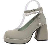 Vintage High Heels Mary Jane for Women 2025 Patent Leather Platform Pumps Woman Pearls Chain Thick-Heeled Shoes Female