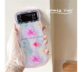 Korean Cute Simple Colored Lines Transparent Flowers Case with Bracelet for Galaxy Z Flip 5 Z Flip5 Flip4 Zflip3 Zflip3 Cover
