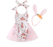 Pudcoco Baby Girls Easter Halter Romper Carrot/Bunny Printed Sleeveless Tulle Jumpsuit with Rabbit Ear Headband