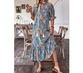 2024 Autumn New Product Women's Printed Lace up Mid Sleeve Ruffle Edge Ds