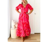 2025 Verano Nuevo Vestido de Mujer, Temperamento Impresión Cinturón Cuello en V Vestidos de Mujer