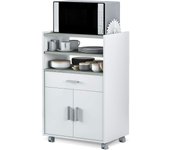 Mueble Auxiliar de Cocina con Ruedas, Mueble Microondas, Armario con 1 Cajón y 2 Puertas, Acabado en Blanco Artik y Cemento, Medidas: 59 cm (Ancho) x 92 cm (Alto) x 40 cm (Fondo)