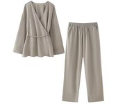 OUWU- Conjunto De Dos Piezas A La Moda Para Mujer, Abrigos Sueltos Lisos Con Cordones Y Pantalones Vintage De Cintura Alta Elástica, Conjuntos De Pantalones Elegantes Para Mujer