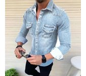 Camisa vaquera lavada Vintage de Color sólido para hombre, abrigo informal de manga larga con cuello vuelto y un solo pecho con múltiples bolsillos, otoño 2024