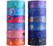 12 Rollos de Tarjeta washi, Películas Decorativas con diseño floral y de Estrellas para manualidades, envoltura de Regalos, Fiestos y Bullet journaling (Galaxia)