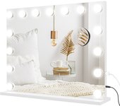 HOMCOM Espejo Hollywood con iluminación, espejo de maquillaje con 15 luces LED, espejo de cosmética regulable con aumento 10X, puerto de carga USB, espejo de pared con control táctil