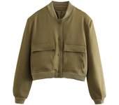 TRAF Women's Bomber Jacket Long Sleeve Coat with Pockets Retro Front Button Jacket Elegant High Street Jacket New Jacket Tops
