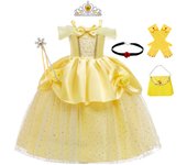 Girls Belle Cosplay Costumes Girls Dresses for Beauty Kids Party Clothing Magic Stick Crown Children Yellow Dress and The Beast