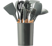 Set de 12 Utensilios de Cocina de Silicona con Mango de Madera - Antiadherentes, Faciles de Limpiar - Herramientas Esenciales de Cocina para Hornear y Cocinar