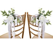 Juego de 6 decoraciones para sillas de pasillo de boda con rosas artificiales de eucalipto y cintas para ceremonia y fiesta (blanco)