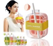 Cubitera - Bandeja para cubitos de hielo y botella de agua 2 en 1 sin contacto con tapa, molde de silicona antifugas para congelador, hervidor de hielo de fácil liberación con pajita, portátil y reutilizable para café, jugos y bebidas.