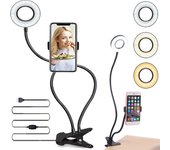 Lámpara de cuello de cisne con anillo de luz LED, anillo para selfies con teléfono móvil, anillo de luz en la mesa de la lámpara, con soporte para teléfono móvil, mesa ajustable de 10 cm.