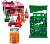 Pack relax: MENTOLIN MENTA FRESCA BOLSA 1KG + Vela Perfumada de Frutas Exóticas 510g  + WELL HOME - Caja de Té Joyfull con variedad de sabores