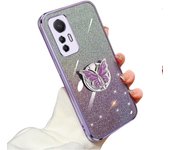 Funda de silicona compatible con Xiaomi 12 Lite con soporte de anillo de mariposa, brillante, de lujo, suave, transparente, antiarañazos, para mujeres y hombres, carcasa protectora delgada para Xiaomi 12 Lite (rosa)