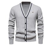 Cárdigan de otoño e invierno para hombre, suéter de manga larga con cuello en V, Chaqueta de punto con ribete de color contrastante a la moda, novedad de 2024