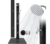 AREBOS Ducha Solar de 40 l Negro prémium con Plato Base con Antracita  Base de Acero  Ducha de Mano Desmontable Stahl