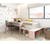 Vente-unique - Cama combinada 90 x 200 cm con almacenamiento y escritorio - Color: Natural y rosa + Somier + Colchón - RIGALI
