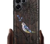 Funda magnética de madera para Samsung Galaxy S25 Ultra, con grabado artesanal de madera e incrustaciones de concha, compatible con cargadores inalámbricos MagSafe (Flores y pájaro) en madera negra.