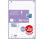 Recambio 1 Oxford 100+20 hojas monocolor - OptikPaper+ - rayado de 5x5 - compatible con la aplicación Scribzee - Ideal para uso escolar y oficina - Disponible en colores: rojo, negro, verde, rosa palo, naranja, turquesa, menta, amarillo, malva
