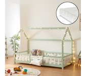 Cama para niños Sisimiut forma de casa pino con colchón 90x200 cm menta verde blanco [en.casa][neu.haus]