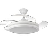Ventilador de techo BAYOMO NEW DC 59w 6980lm Blanco, 4 Aspas Desplegables, Regulación de Intensidad y Tono de Luz 3000K, 4000K, 6000K  Con Mando a Distancia. Medidas 34,5/42x50Ø/107Øcm - Abrila - Fabrilamp - Dimable. Incluye dos tijas. 12,5cm y 25c