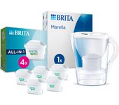 BRITA Jarra Filtrante, Modelo Marella + 5 Filtros MAXTRA PRO | Capacidad 2,4L | 150L agua filtrada | Sin BPA | Apta lavavajillas | Indicador Memo | Reduce cal, cloro y metales | Diseño sostenible