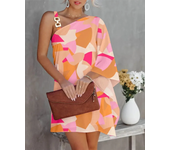 Summer Commuter Women's S-2XL size Dress One Line Diagonal Neck Off Shoulder Solid Color and PrintedMetal Strap Bat Sleeve