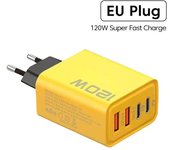 Cargador rápido tipo C de 120 W, adaptador USB de carga rápida 3.0 para iPhone, Samsung y Xiaomi, cargador USB PD, enchufe de carga rápida UE, amarillo.