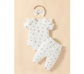 2pcs  Newborn Baby Girls Floral Short Sleeve Summer/Spring Soft Cotton Daily Pantsuit +Headband