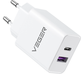 VEGER - Cargador USB - Potencia 30W - Carga rápida  - Salidas USB-A, USB-C - Color blanco