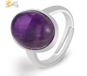 Small Egg Shape Natural Stone Ring Silver Color Adjustable White Crystal Quartz Amethytst Finger Rings Men Women Jewelry H512