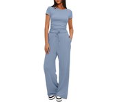 Summer Solid Loose Casual Tracksuit Women's Two Pieces Set O Neck Short Sleeves T-shirts and Wide Leg Pants Sets Sportswear Set