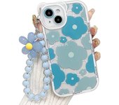 Funda para iPhone 15 Pro Max con diseño de flores azules transparentes y cadena para lente de cámara, a prueba de golpes, 6,7 pulgadas, diseño de flores azules