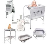 BATHBY | Bañera bebé con patas Multifuncional 5en 1: Plegable con Soporte, con Cojín Antideslizante, Cambiador, Bandejas Organizadoras, Desagüe con Tubo y Soporte para Ducha (Gris Pro)