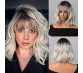 Short Wavy Bobo Wig Ombre Blonde Cosplay Lolita Wigs for Women Light Platinum Synthetic Hair Wig With Bangs Heat Resistant Fiber
