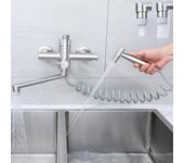 Grifo de cocina de montaje en pared con pistola pulverizadora, giratoria en 360 °, giratory tube de 23 cm, Agua Caliente y fría, 4 Modos de pulverización, inoxidable Maple 304, Níquel cepillado