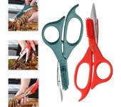 Tijeras de cocina multiusos, 2 en 1, tijeras para lavar camarones con cepillo, tijeras multiusos de acero inoxidable resistentes para mariscos, carne, pescado, verduras, pollo, aptas para lavavajillas (rojo)