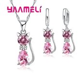 Real 925 Sterling Silver Color Jewelry Sets for Woman Girls Shining Austrian Crystal Cute Cat Pendant Necklace Huggie Earring