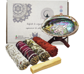 SamayZen - Kit Sahumerios Salvia apiana para Quemar, Concha Abulón con Trípode, Palo Santo, Yerba Santa, Salvia Pétalos, Sangre Dragón - Smudge - Ritual Limpieza energética con Hierbas para Sahumar