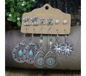 Ancient Silver Color Earrings Turquoise Inlaid Ethnic Style Geometric Circular Bows Sunflowers Starfish Gifts Party