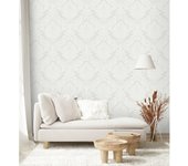 Muestra DIN A4 de Papel pintado vinílico lavable de damasco victoriano color blanco fondo satinado - Senso 454010 de GAULAN