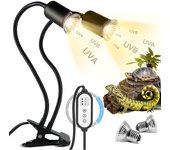 Lámpara Calefactora De Tortuga De Doble Cabezal, Lámpara De Tortuga Terrestre Para Reptiles De 25W + 50W Lámpara De Tortuga Terrestre E27 UVA + UVB Con 2 Focos De Toma De Sol Y Temporizador Para Reptiles (Negro) [Clase de eficiencia energética G]