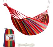 Hamaca Exterior 200x100 cm, Algodón Resistente - Soporte 200 kg, Incluye Cuerdas 2m + Bolsa Transporte, Ideal para Camping/Jardín/Playa, Diseño Rayas Rojas, Montaje Rápido entre Árboles (180-190 cm Altura)