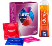 Durex - Surprise Mix 40 Condones Surtidos + Lubricante Calor y Diversión  50ml, Dame Placer, Sensitivo Suave, Extra Seguro y Estimulante Suave