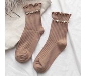 1 Pair Women's Mid Length Socks Pearl Decoration Fashion Pleated Pile Up Socks Lace Lace Lolita Jk Versatile Girls' Cotton Socks