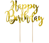 Partydeco Topper para Tarta - Happy Birthday Oro - Elaborado de Madera - Uso Alimentario