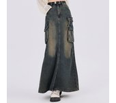 2024 Women Y2k High Waist Denim Ankle Length Cargo Skirts Girls Robe Cool Casual Wrap Dress Female Gray A Line Long Skirts Jeans