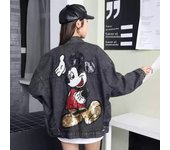 Disney Mickey Denim Jacket Long Sleeve Embroidered Sequin Cartoon Coat Women Loose Mid-Length Fashionable Jeans Coat Gift Girl