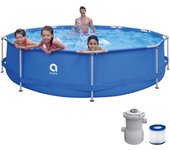 Piscina desmontable AVENLI Redonda de ±360cm x 76cm con depuradora de cartucho 1136 L/h.  Capacidad de agua (90%): 6125L.  Instalación fácil y rápida sin herramientas.  Acero tecnológico anticorrosión Material Lam Tech proporciona seguridad  y durabilidad